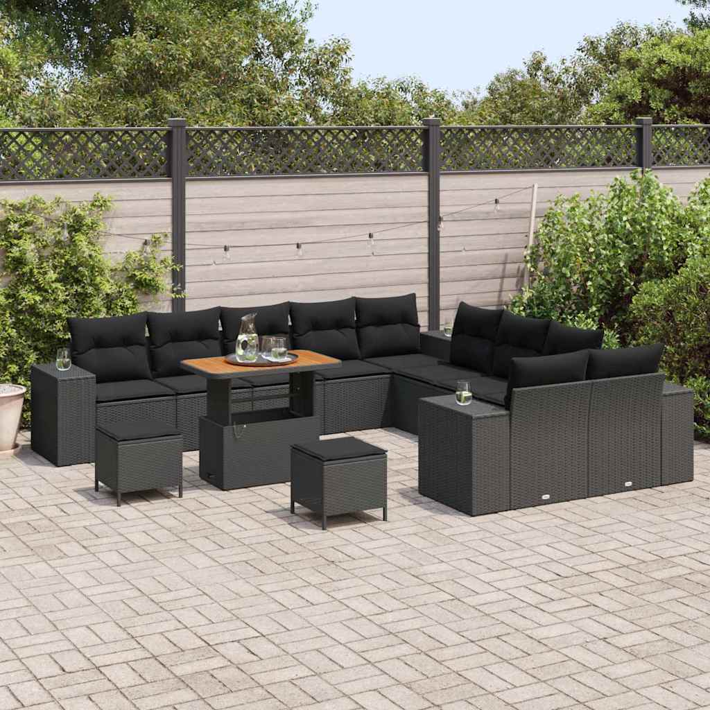 Conjunto de Sofá de Jardim com almofada 13 pcs Preto vime PE