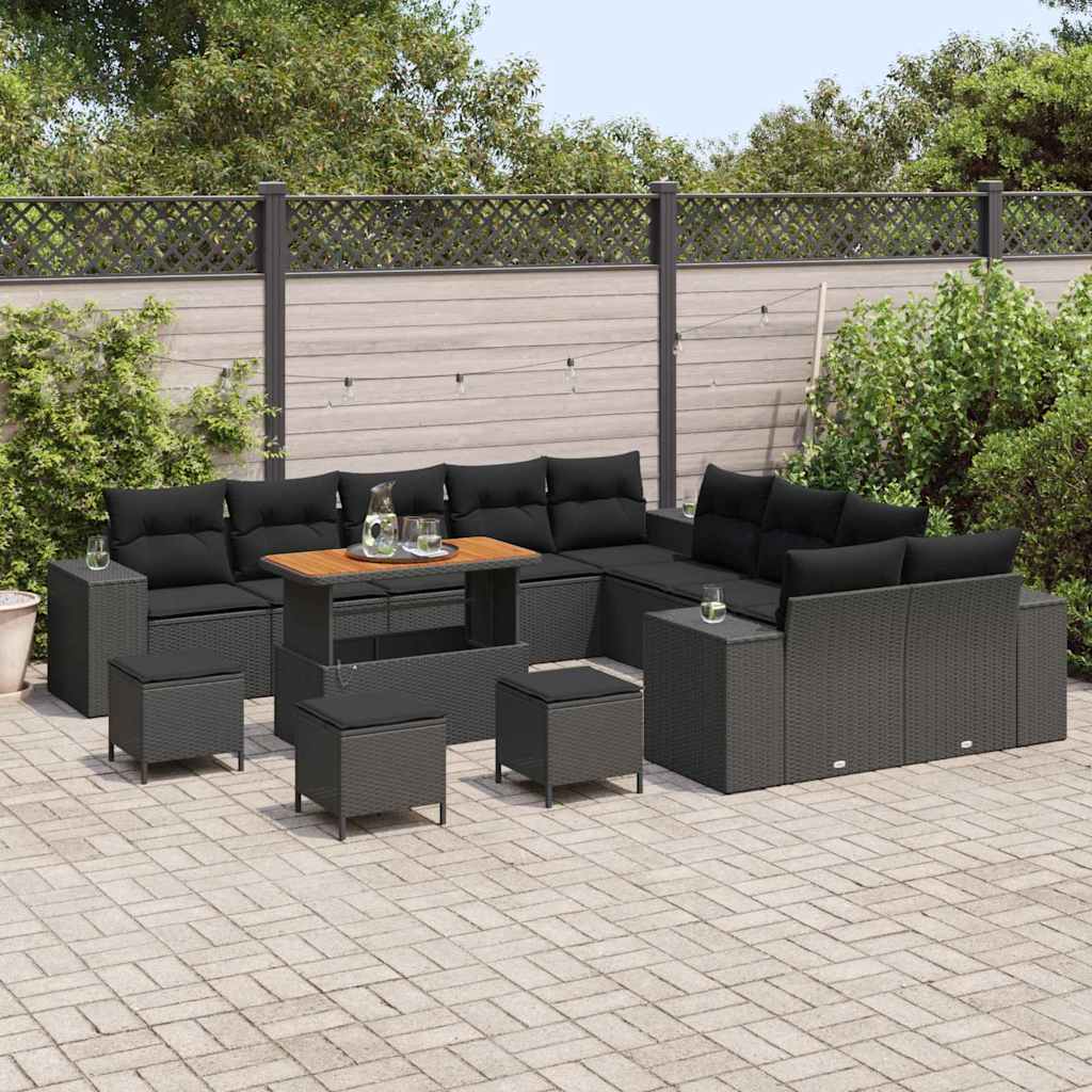 Conjunto de Sofá de Jardim com almofada 14 pcs Preto vime PE