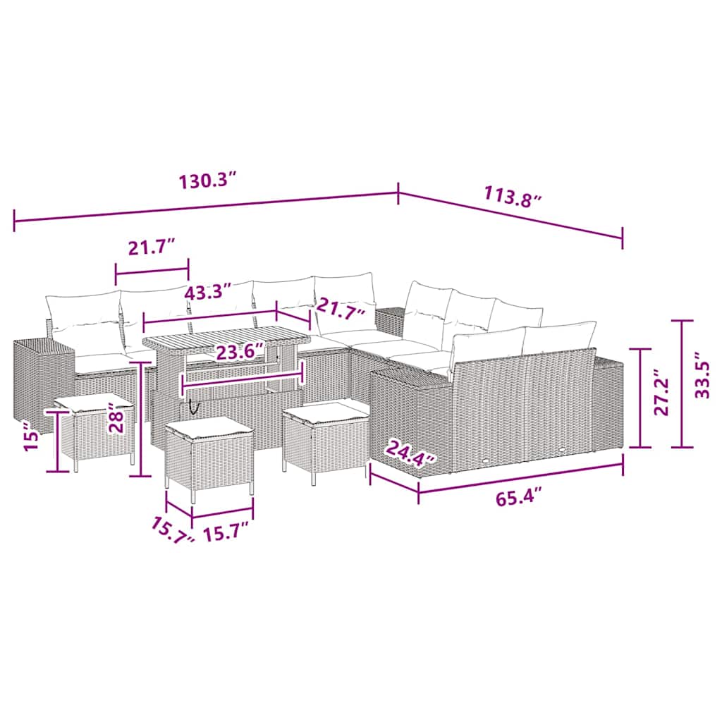 Conjunto de Sofá de Jardim com almofada 14 pcs Preto vime PE