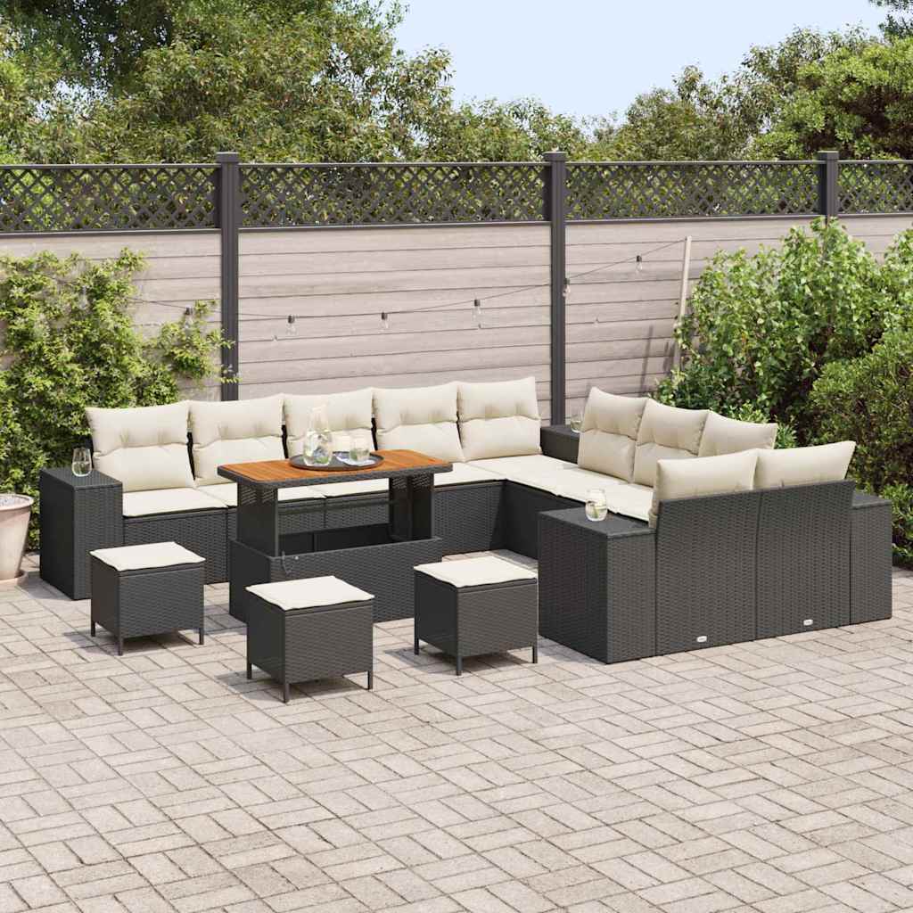 Conjunto de Sofá de Jardim com almofada 14 pcs Preto vime PE