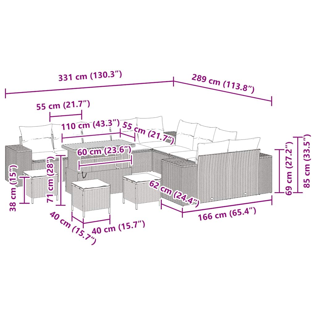 Conjunto de Sofá de Jardim com almofada 14 pcs Bege vime PE