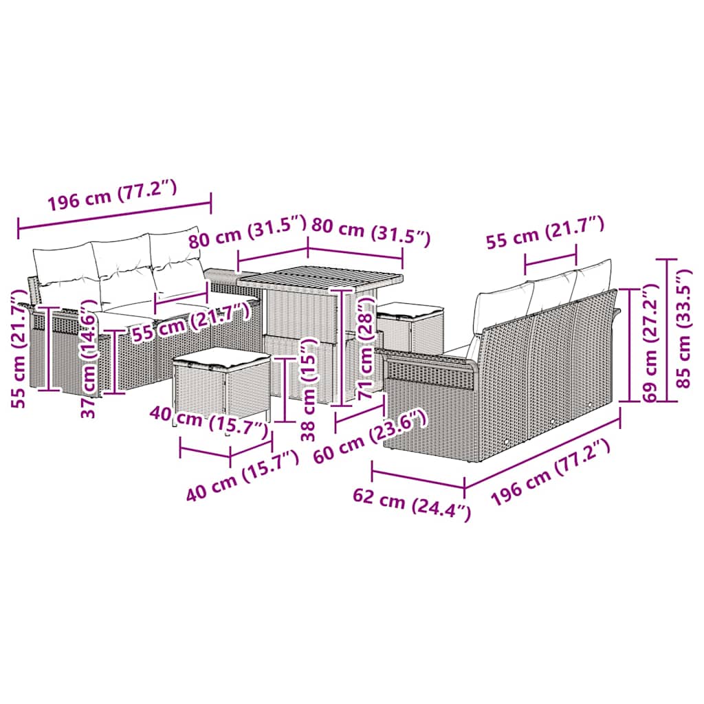 Conjunto de Sofá de Jardim 9 pcs Bege vime PE