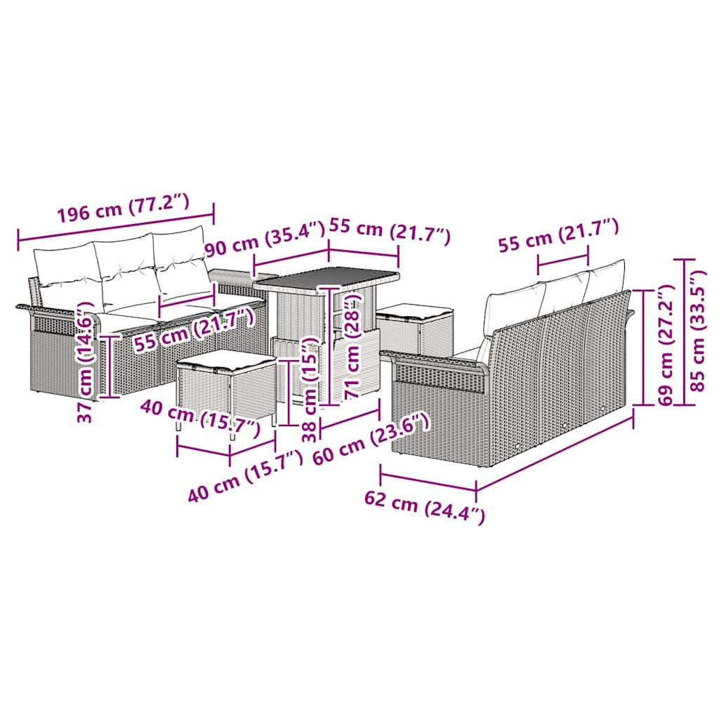 Conjunto de Sofá de Jardim 9 pcs Cinzeto vime PE