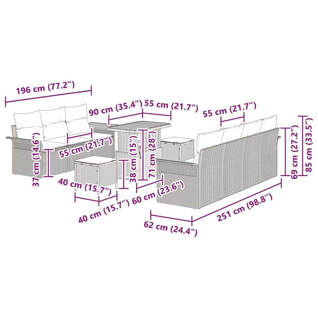 Conjunto de Sofá de Jardim 10 pcs Cinzeto vime PE