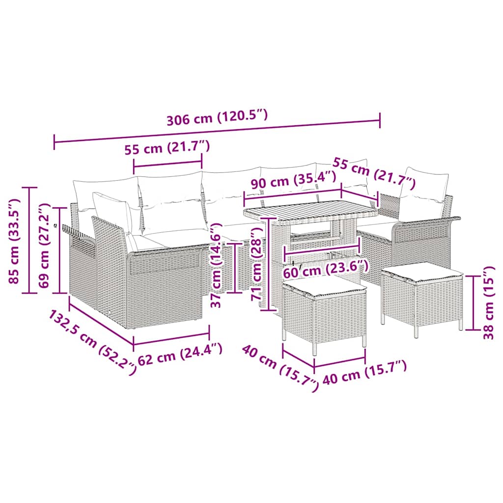 Conjunto de Sofá de Jardim 10 pcs Cinzeto vime PE