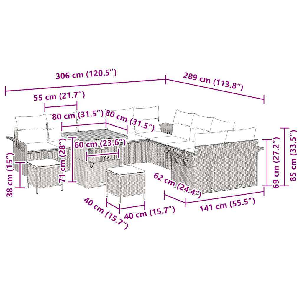Conjunto de Sofá de Jardim 13 pcs Cinzeto vime PE