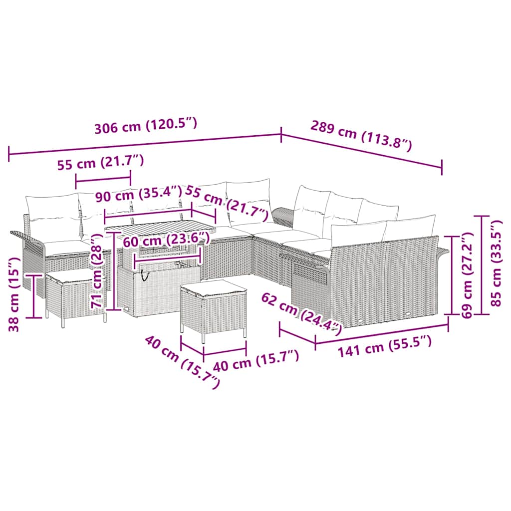 Conjunto de Sofá de Jardim 13 pcs Cinzeto vime PE
