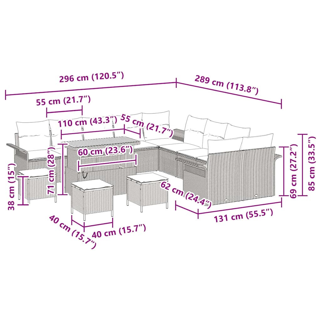 Conjunto de Sofá de Jardim 14 pcs Cinzeto vime PE