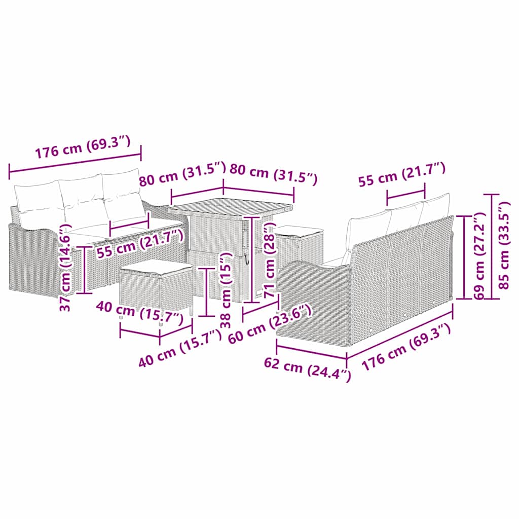 Conjunto de Sofá de Jardim 9 pcs Cinzeto vime PE