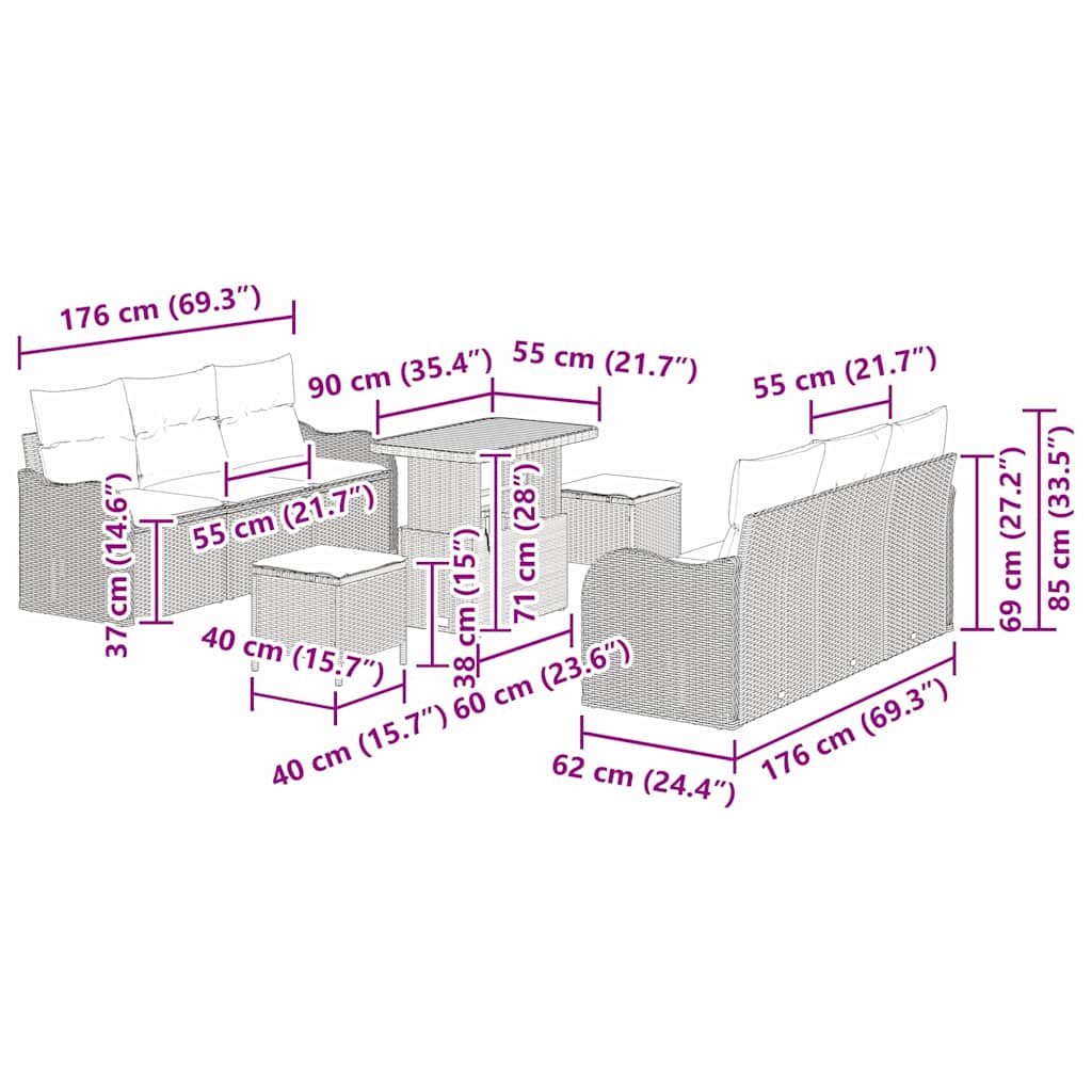 Conjunto de Sofá de Jardim 9 pcs Bege vime PE