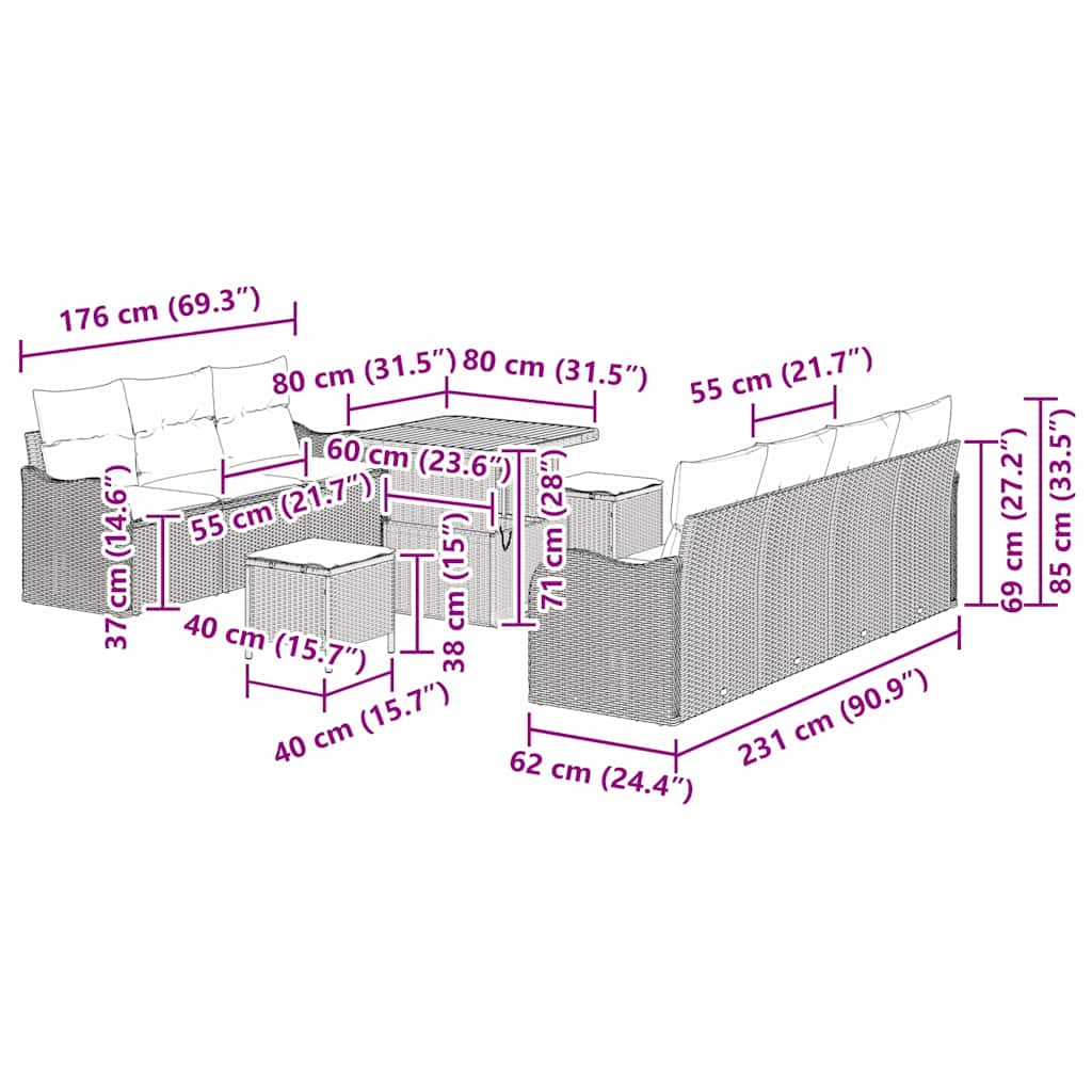 Conjunto de Sofá de Jardim 10 pcs Preto vime PE