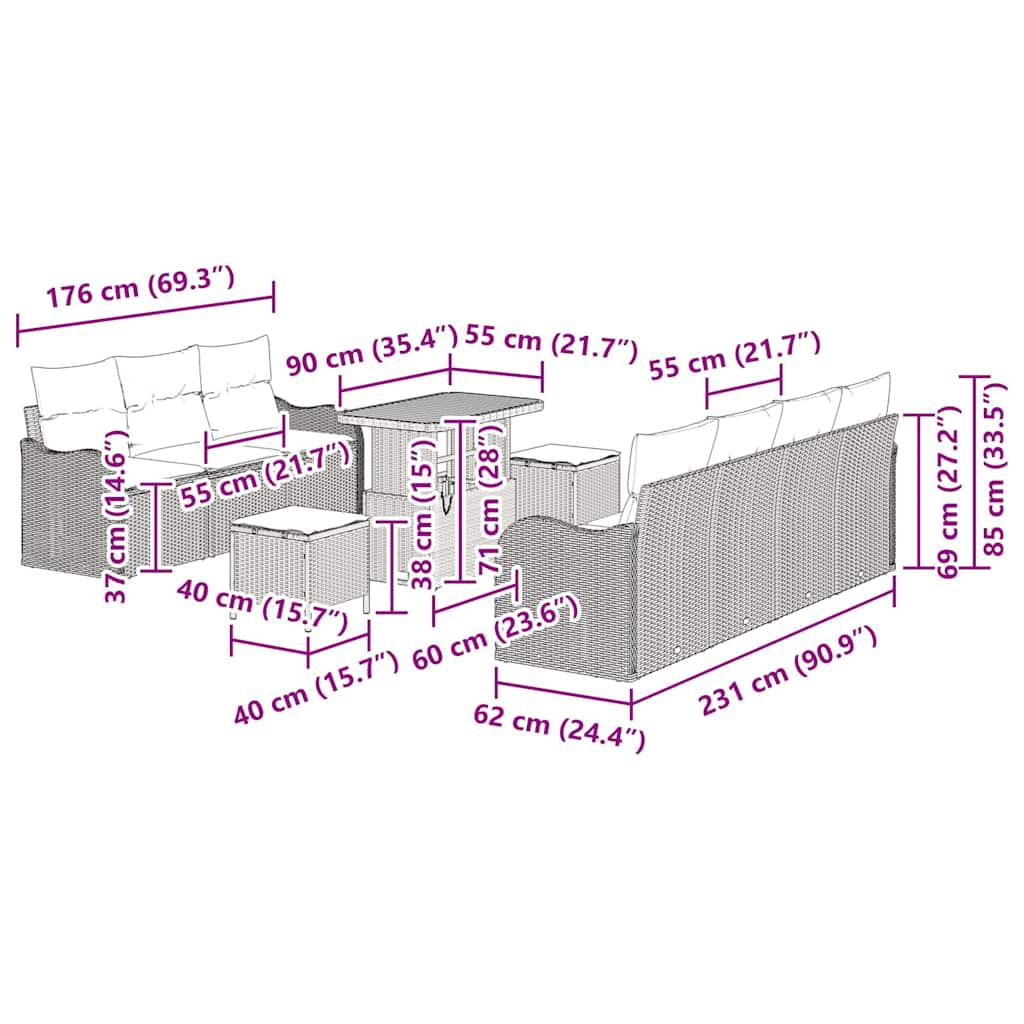 Conjunto de Sofá de Jardim 10 pcs Preto vime PE