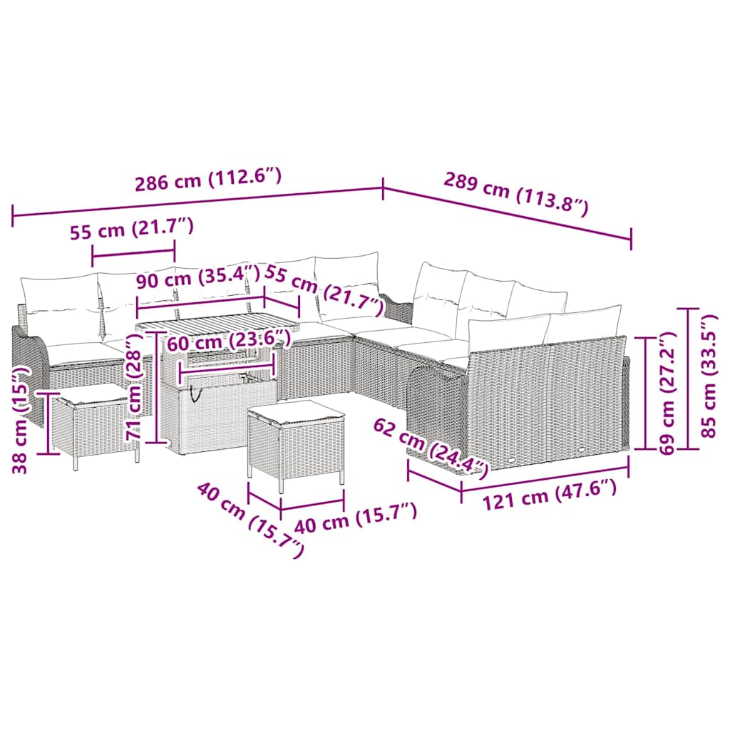 Conjunto de Sofá de Jardim 13 pcs Cinzeto vime PE