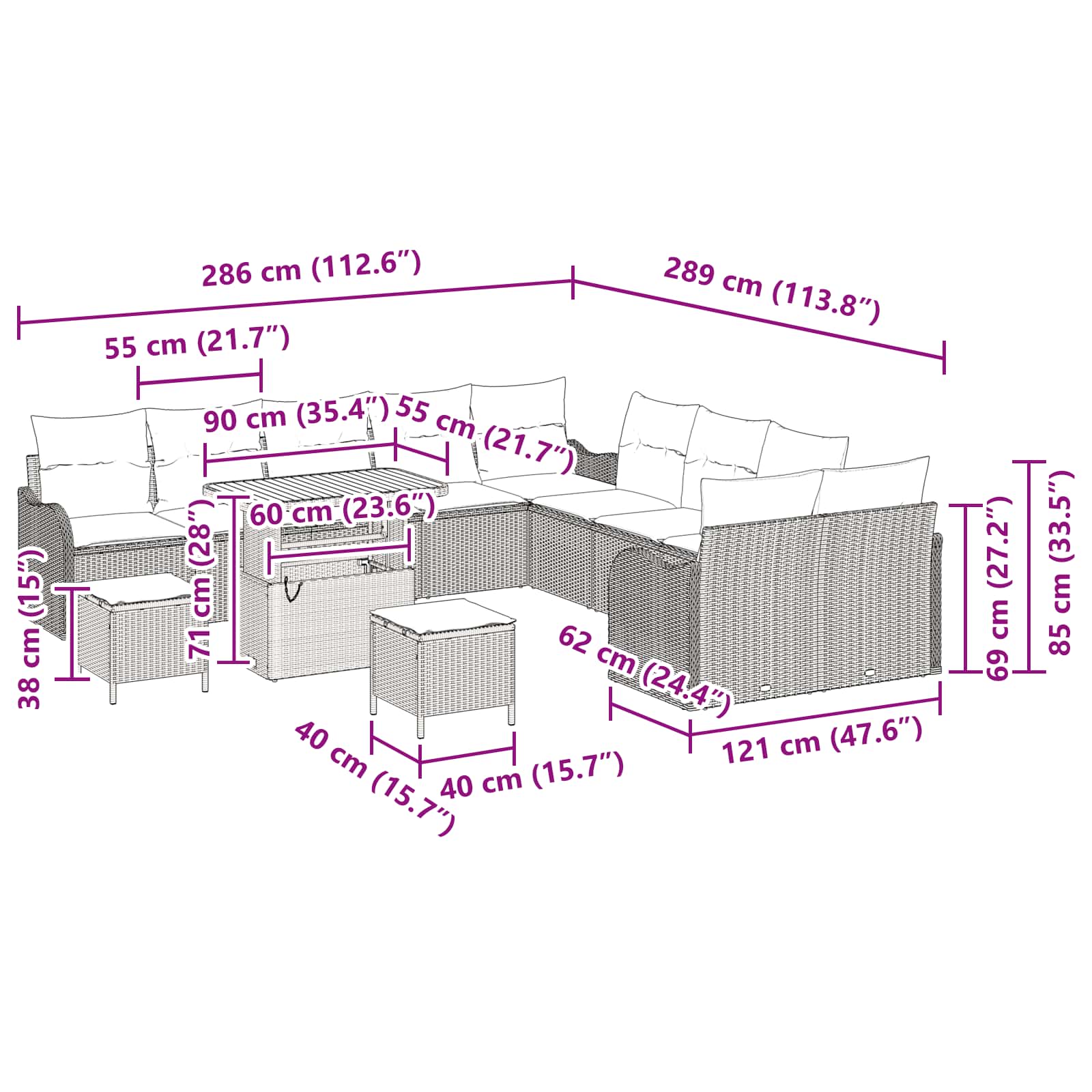 Conjunto de Sofá de Jardim 13 pcs Cinzeto vime PE