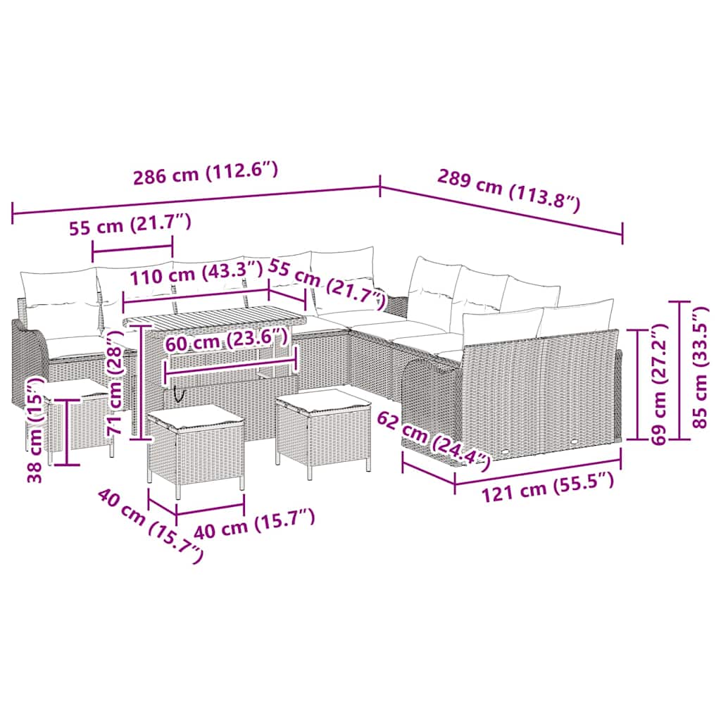 Conjunto de Sofá de Jardim 14 pcs Bege vime PE