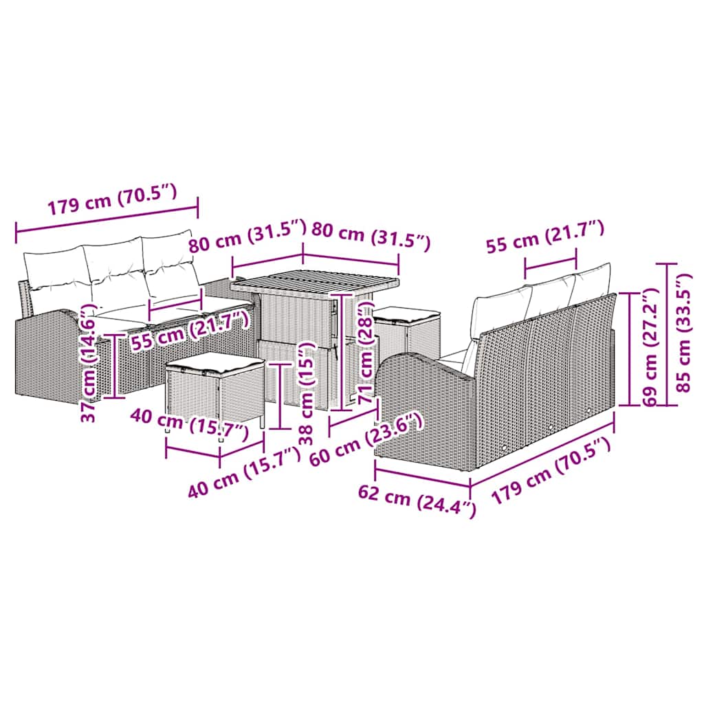 Conjunto de Sofá de Jardim 9 pcs Cinzeto Rattan Sintético