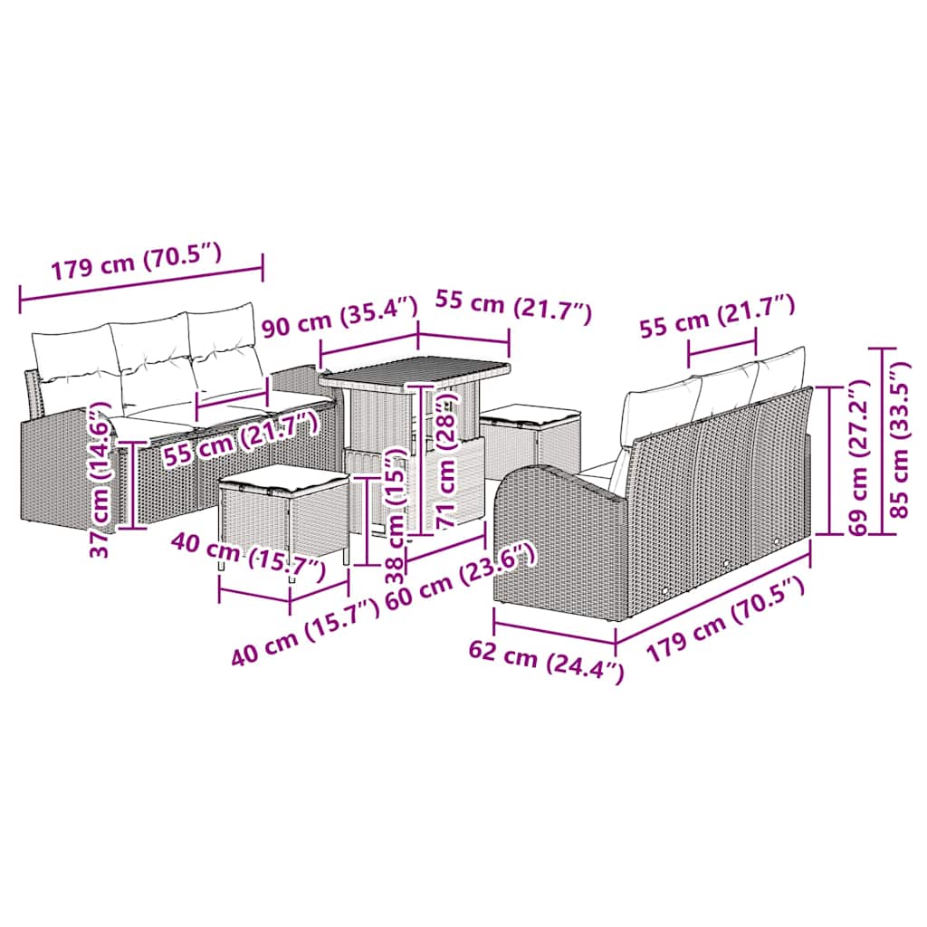 Conjunto de Sofá de Jardim 9 pcs Preto Rattan Sintético