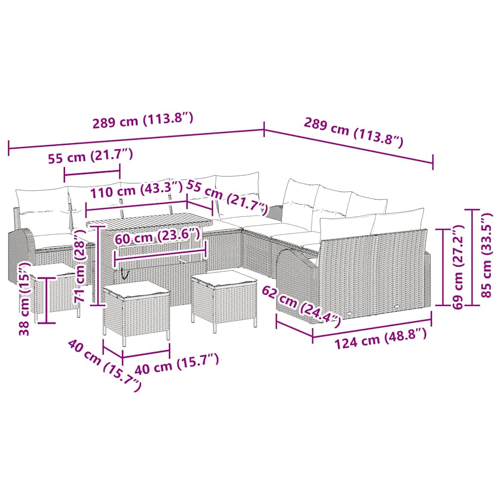 Conjunto de Sofá de Jardim 14 pcs Bege Rattan Sintético