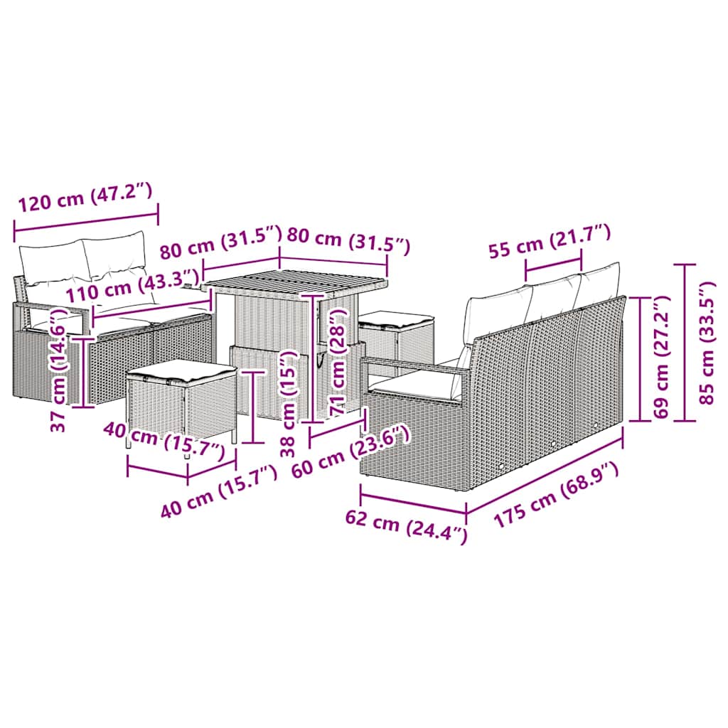 Conjunto de Sofá de Jardim 8 pcs Cinzeto Rattan Sintético