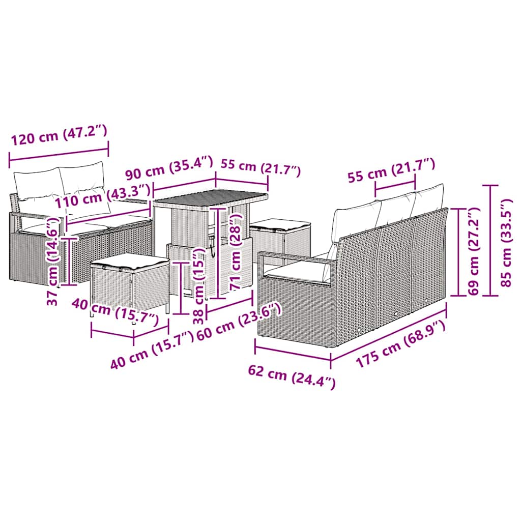 Conjunto de Sofá de Jardim 8 pcs Bege Rattan Sintético