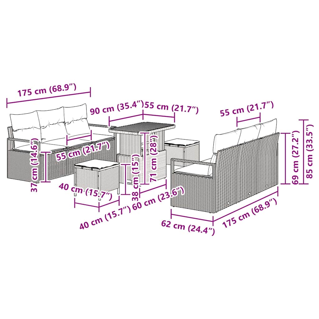 Conjunto de Sofá de Jardim 9 pcs Bege Rattan Sintético