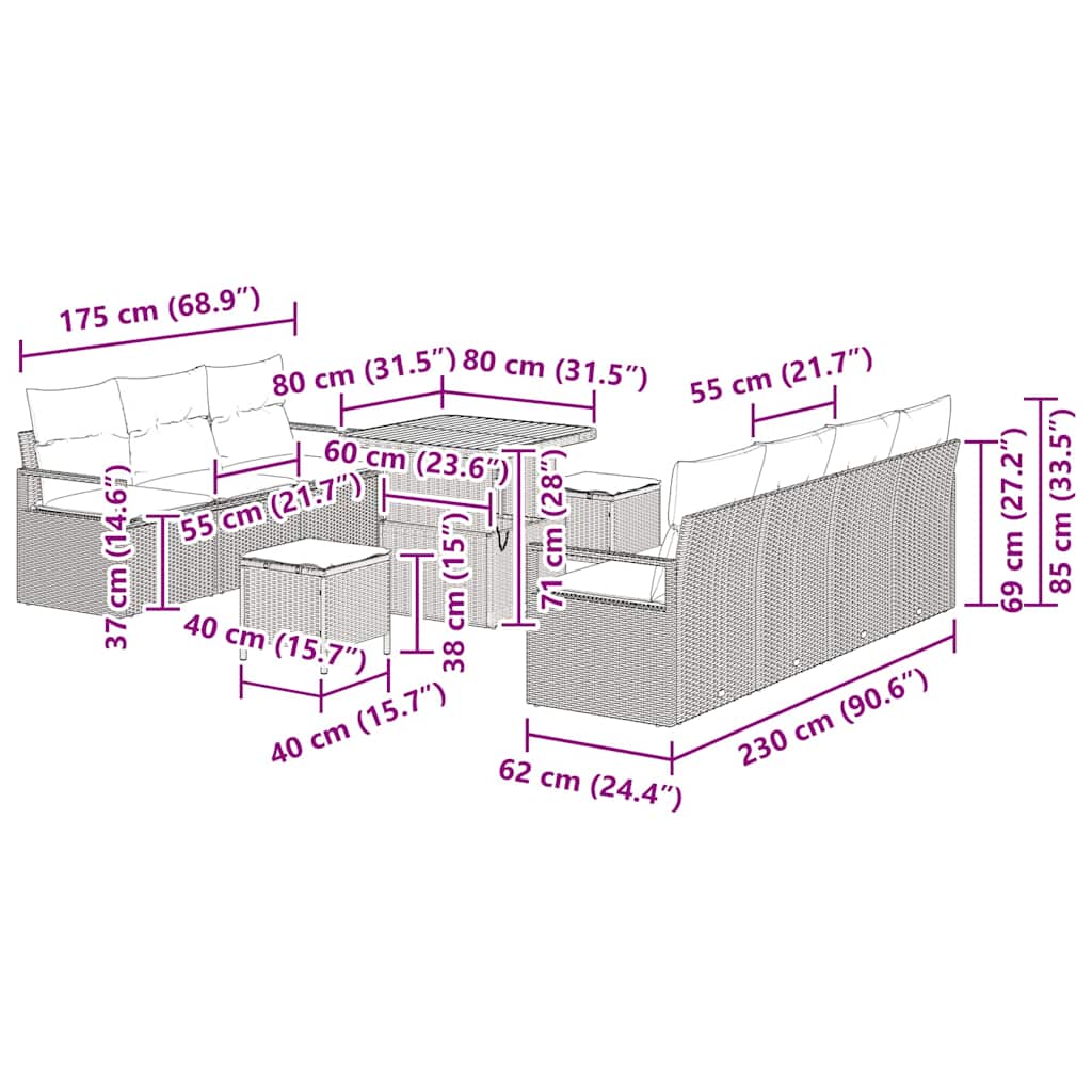 Conjunto de Sofá de Jardim 10 pcs Cinzeto Rattan Sintético