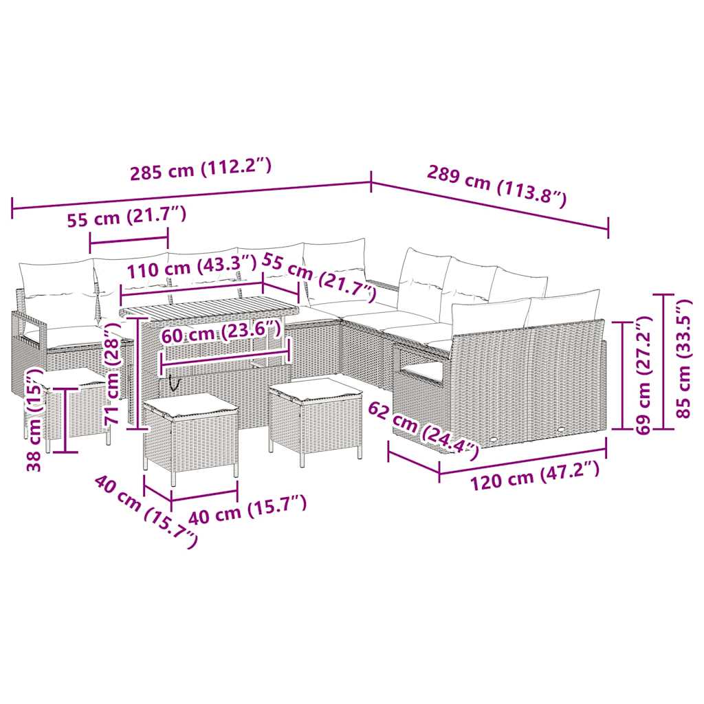 Conjunto de Sofá de Jardim 14 pcs Bege Rattan Sintético