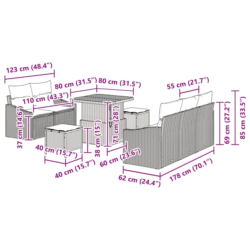 Conjunto de Sofá de Jardim 8 pcs Preto Rattan Sintético