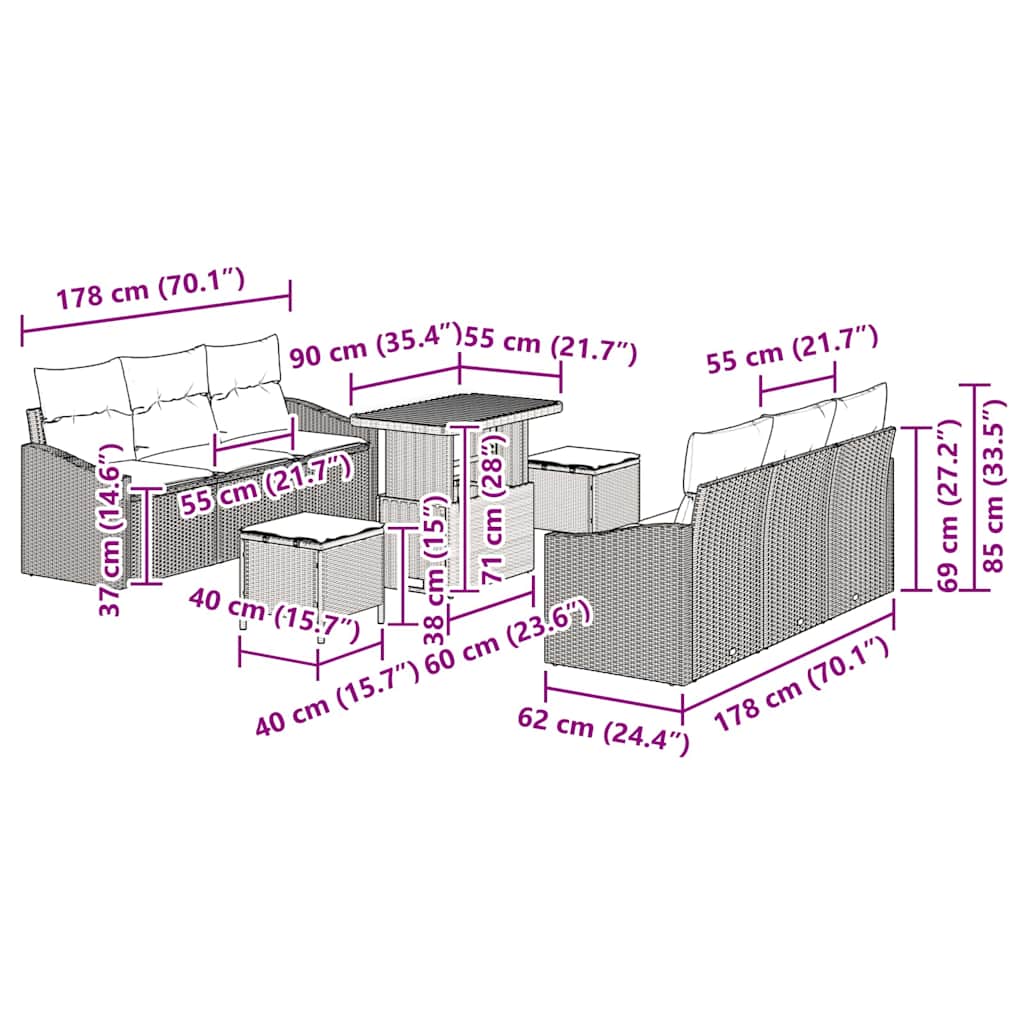 Conjunto de Sofá de Jardim 9 pcs Bege Rattan Sintético