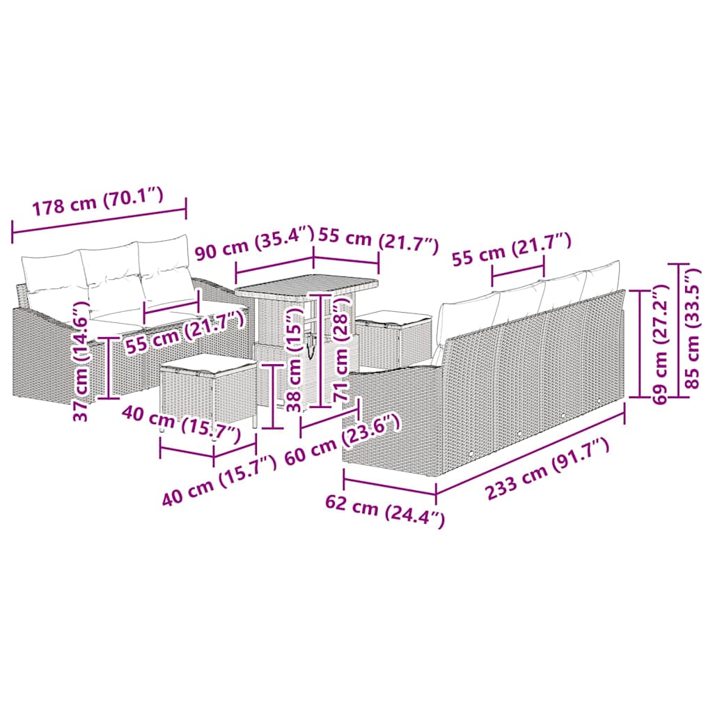 Conjunto de Sofá de Jardim 10 pcs Cinzeto Rattan Sintético