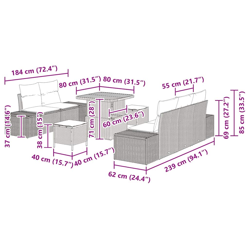 Conjunto de Sofá de Jardim 8 pcs Cinzeto Rattan Sintético