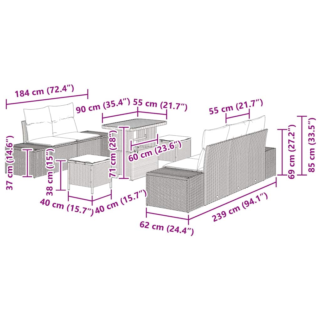 Conjunto de Sofá de Jardim 8 pcs Cinzeto Rattan Sintético