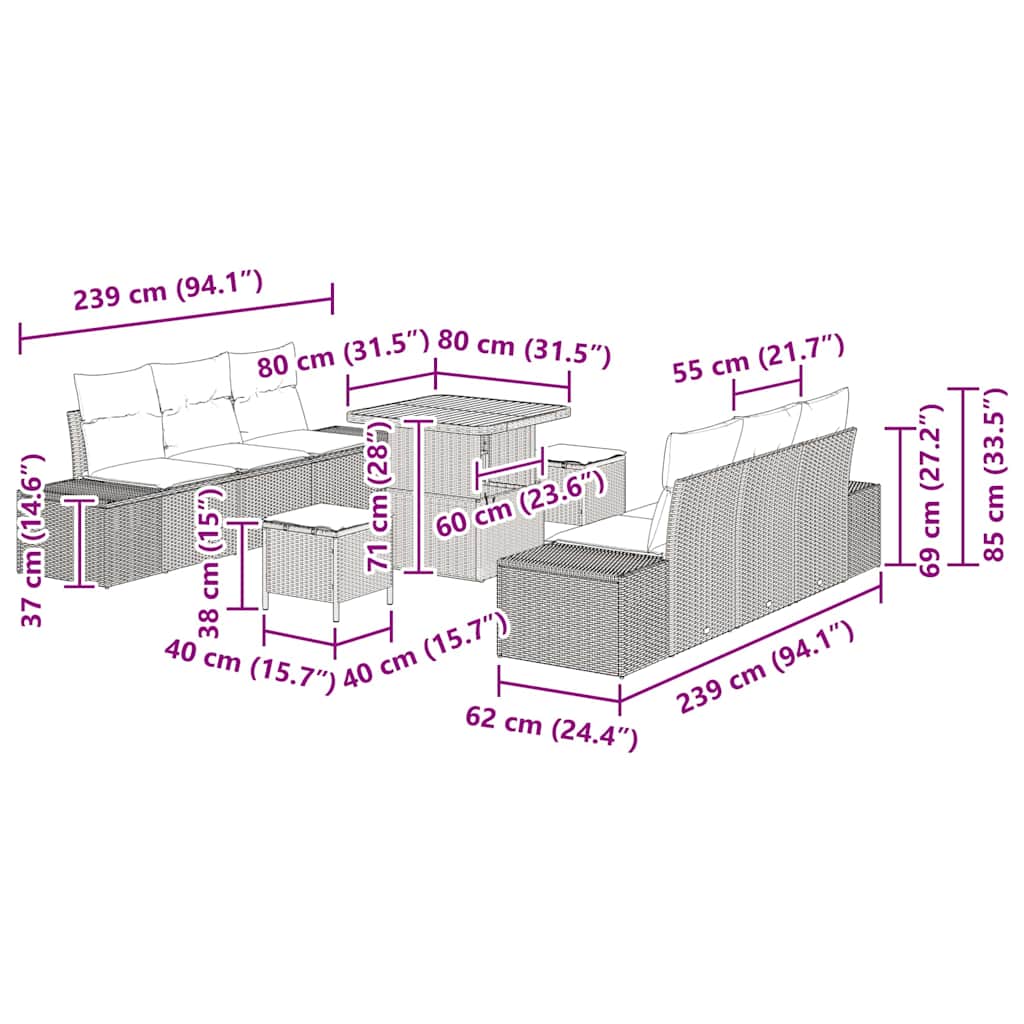 Conjunto de Sofá de Jardim 9 pcs Cinzeto Rattan Sintético