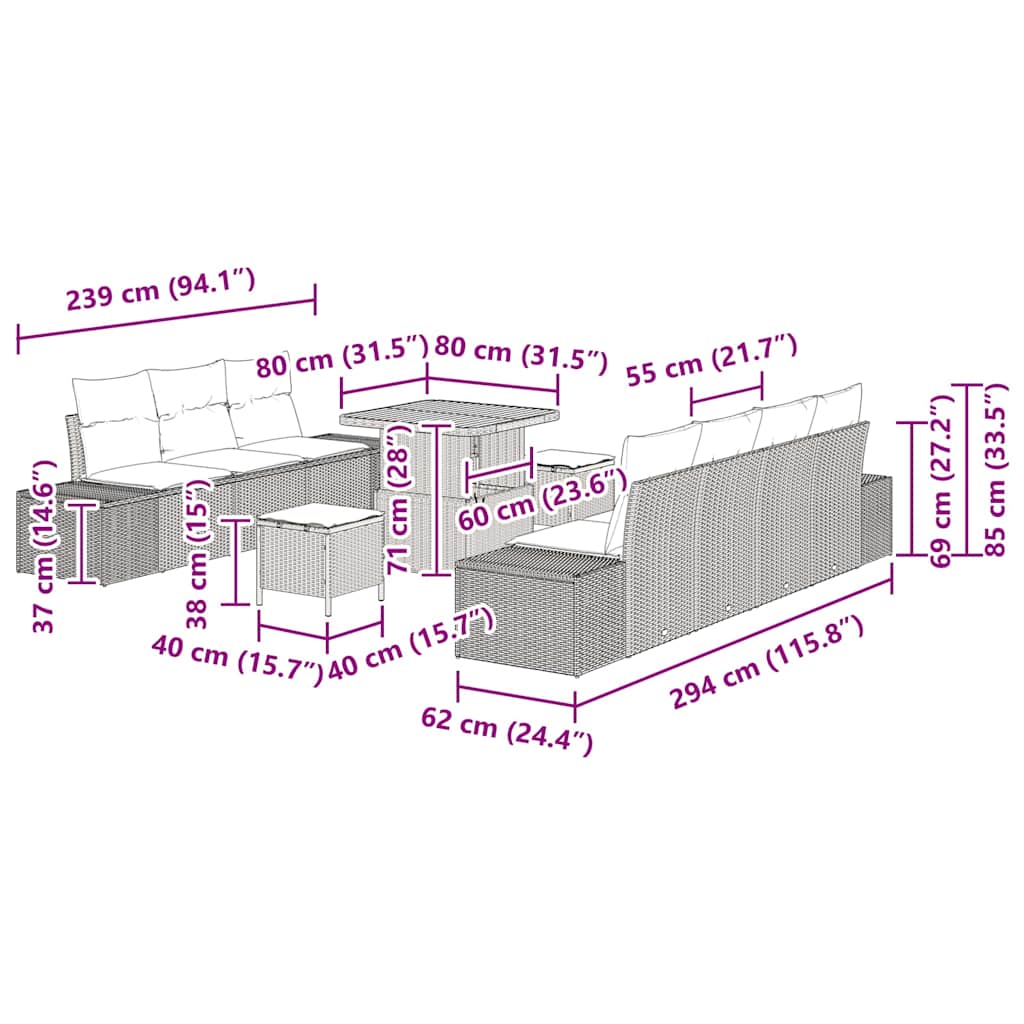 Conjunto de Sofá de Jardim 10 pcs Bege Rattan Sintético