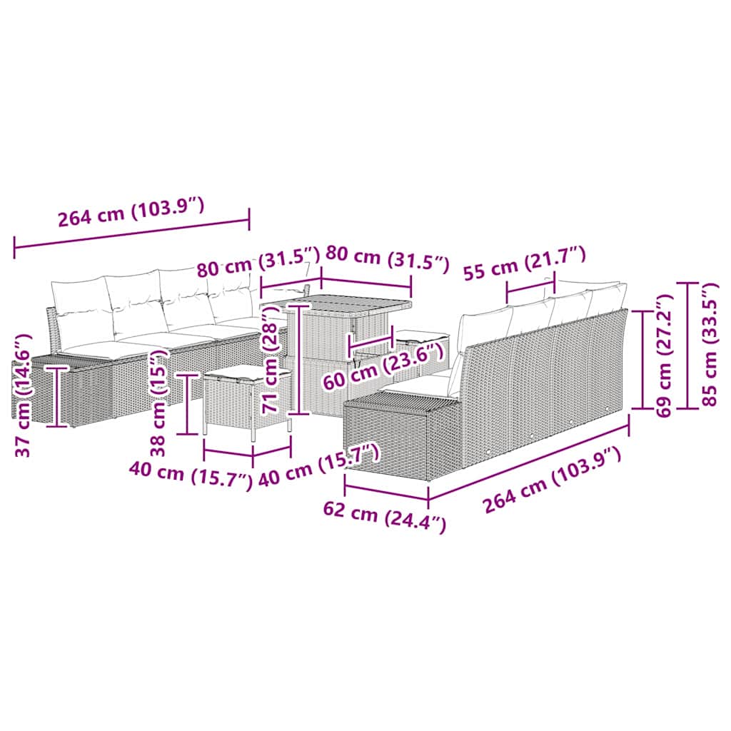 Conjunto de Sofá de Jardim 11 pcs Preto Rattan Sintético