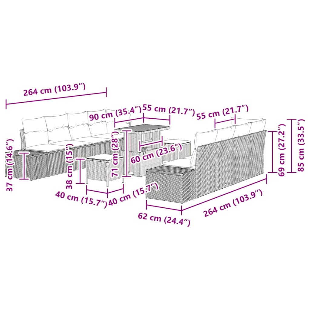Conjunto de Sofá de Jardim 11 pcs Cinzeto Rattan Sintético