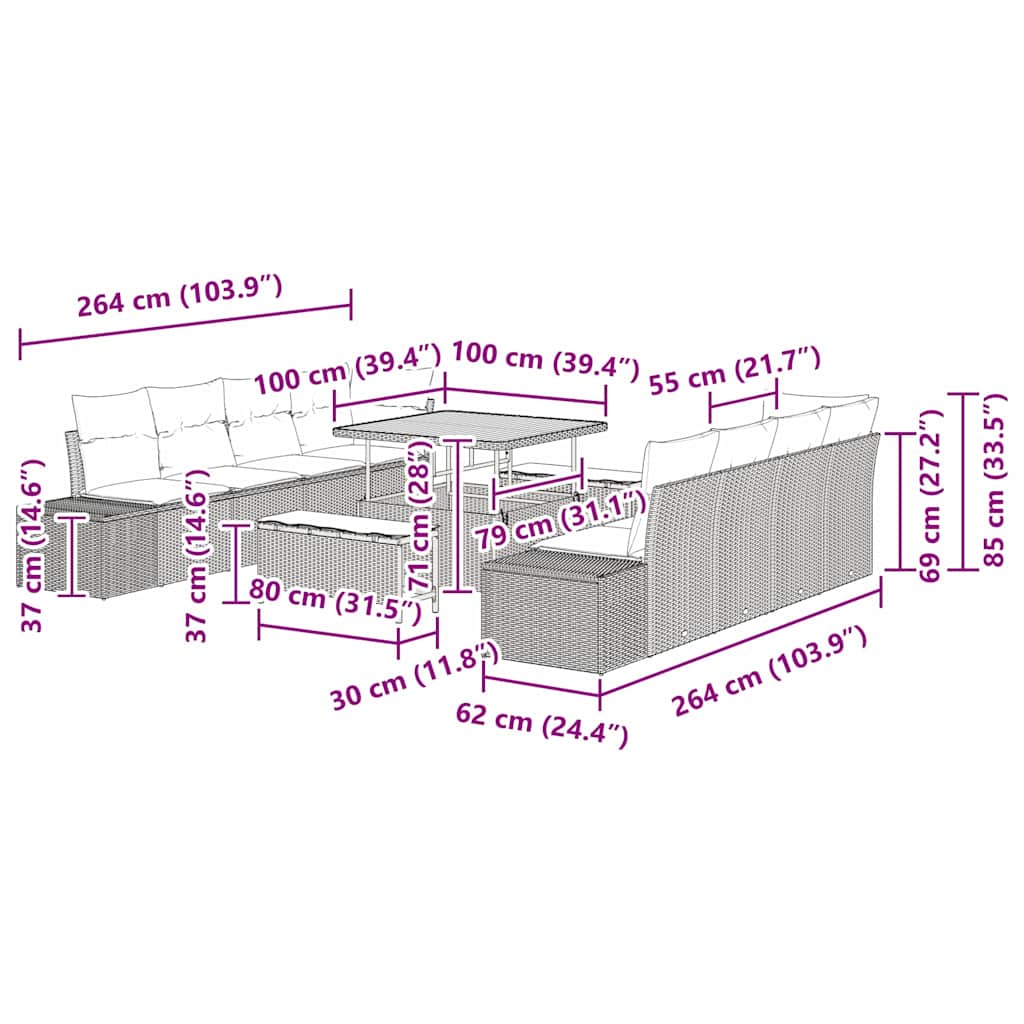 Conjunto de Sofá de Jardim 11 pcs Bege Rattan Sintético