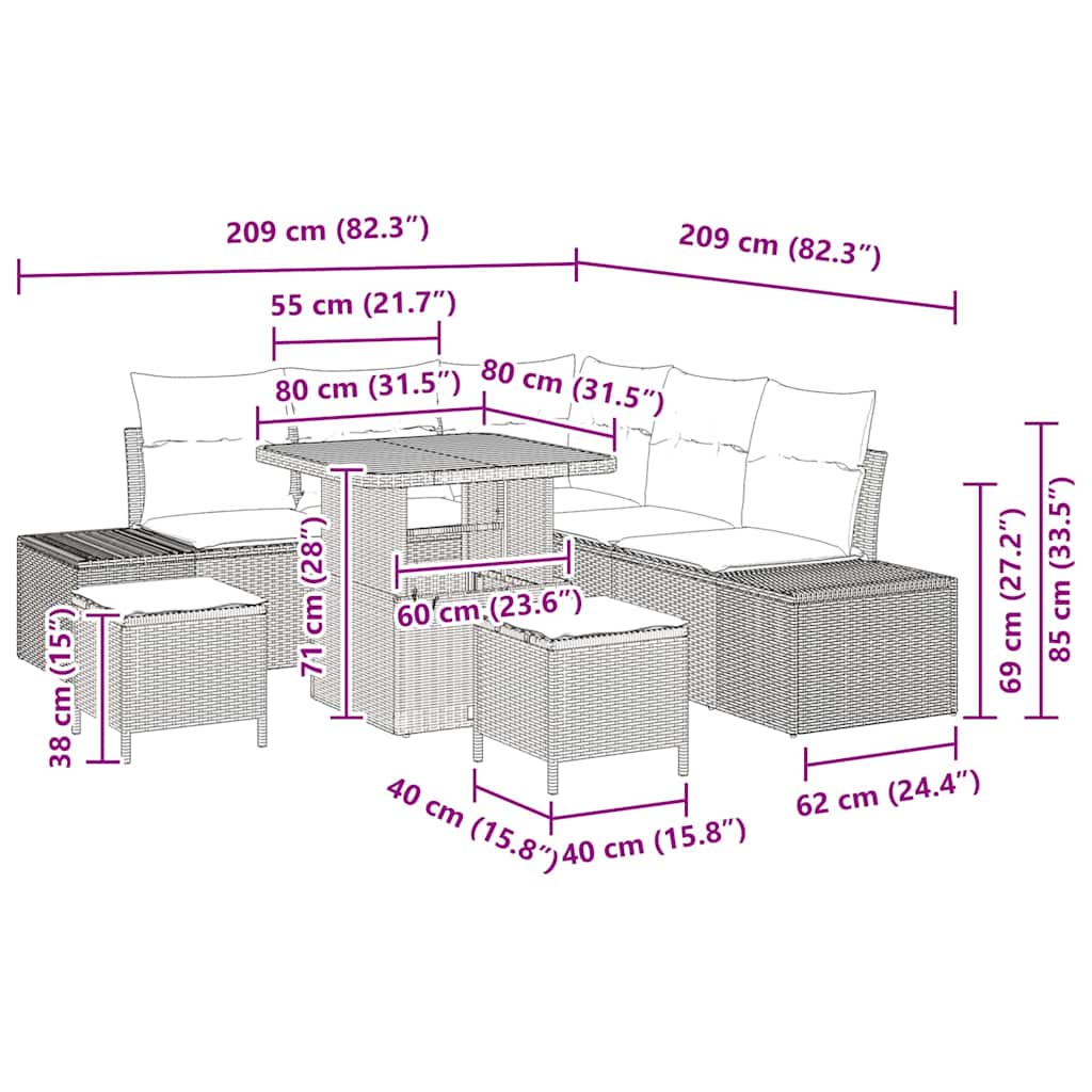 Conjunto de Sofá de Jardim 8 pcs Bege Rattan Sintético