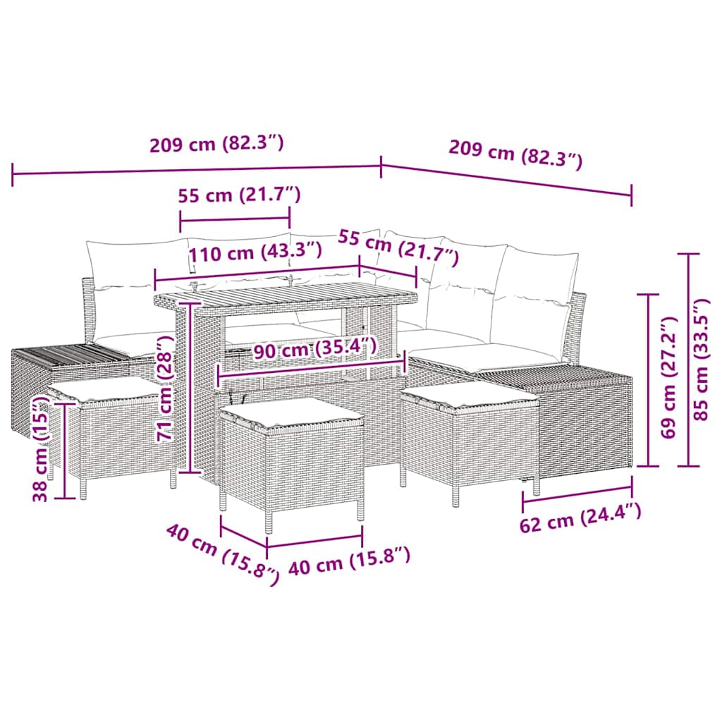 Conjunto de Sofá de Jardim 9 pcs Bege Rattan Sintético