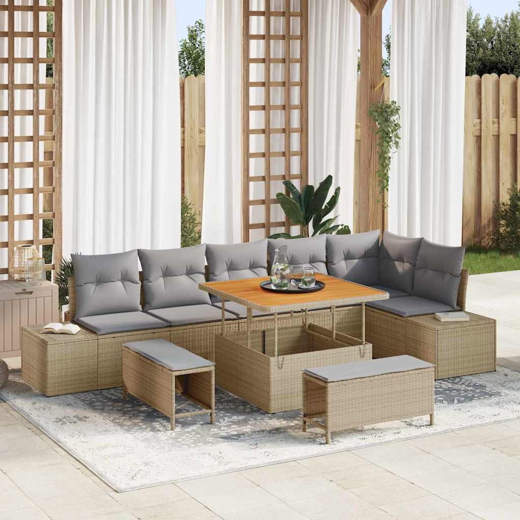 Conjunto de Sofá de Jardim 9 pcs Bege Rattan Sintético