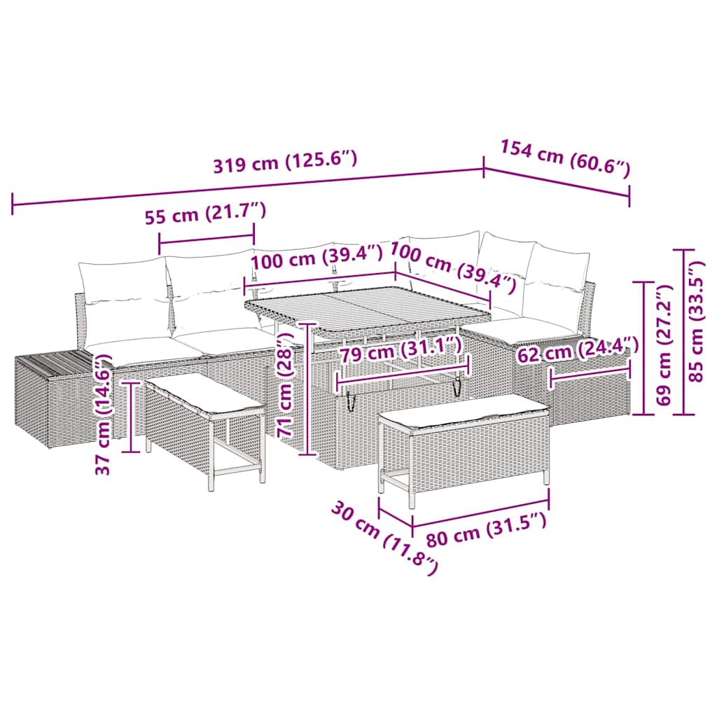Conjunto de Sofá de Jardim 9 pcs Cinzeto Rattan Sintético
