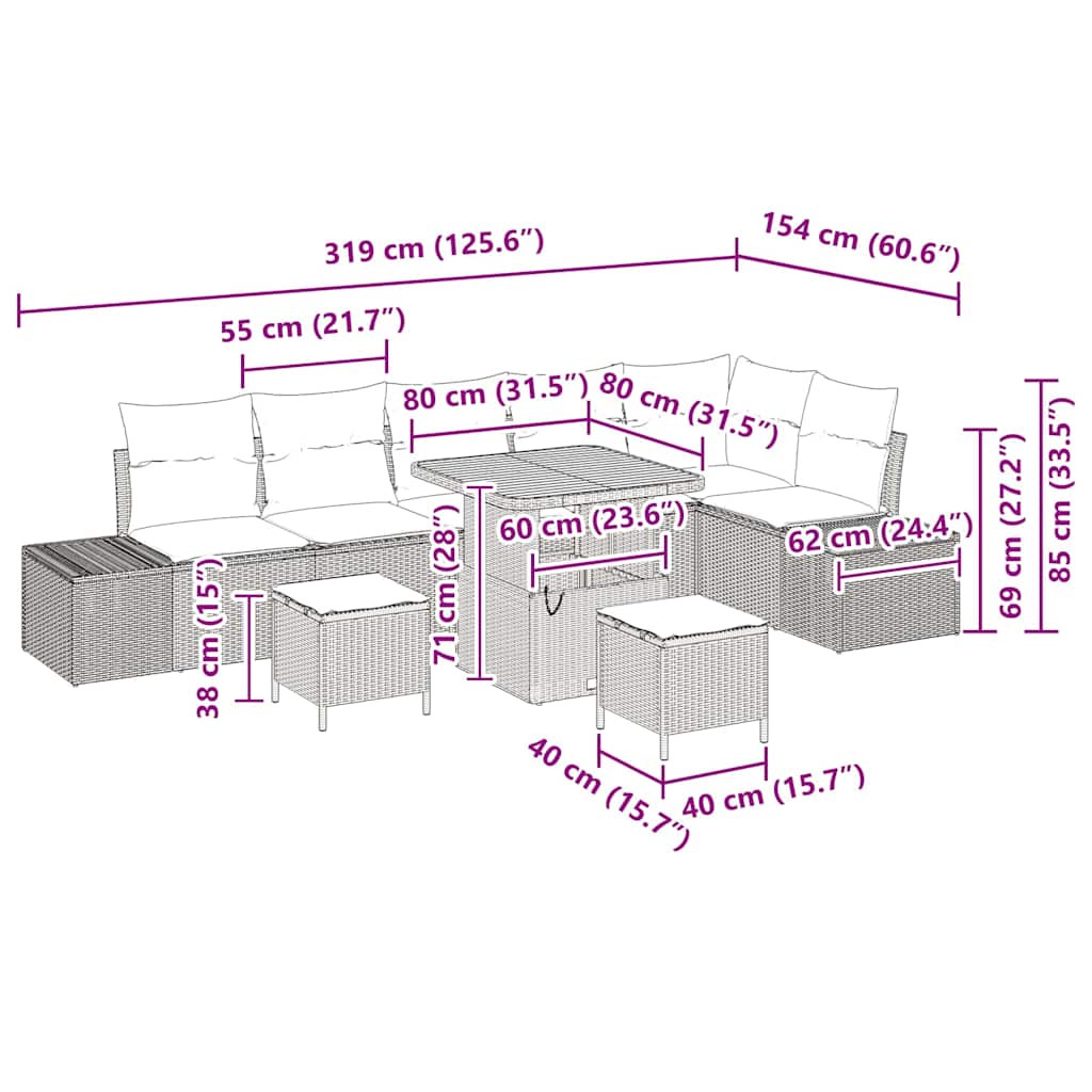 Conjunto de Sofá de Jardim 9 pcs Bege Rattan Sintético