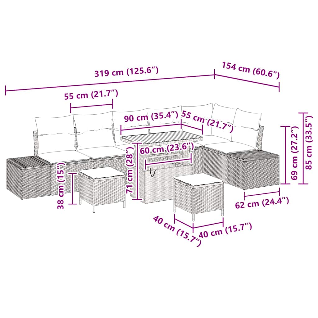 Conjunto de Sofá de Jardim 9 pcs Bege Rattan Sintético
