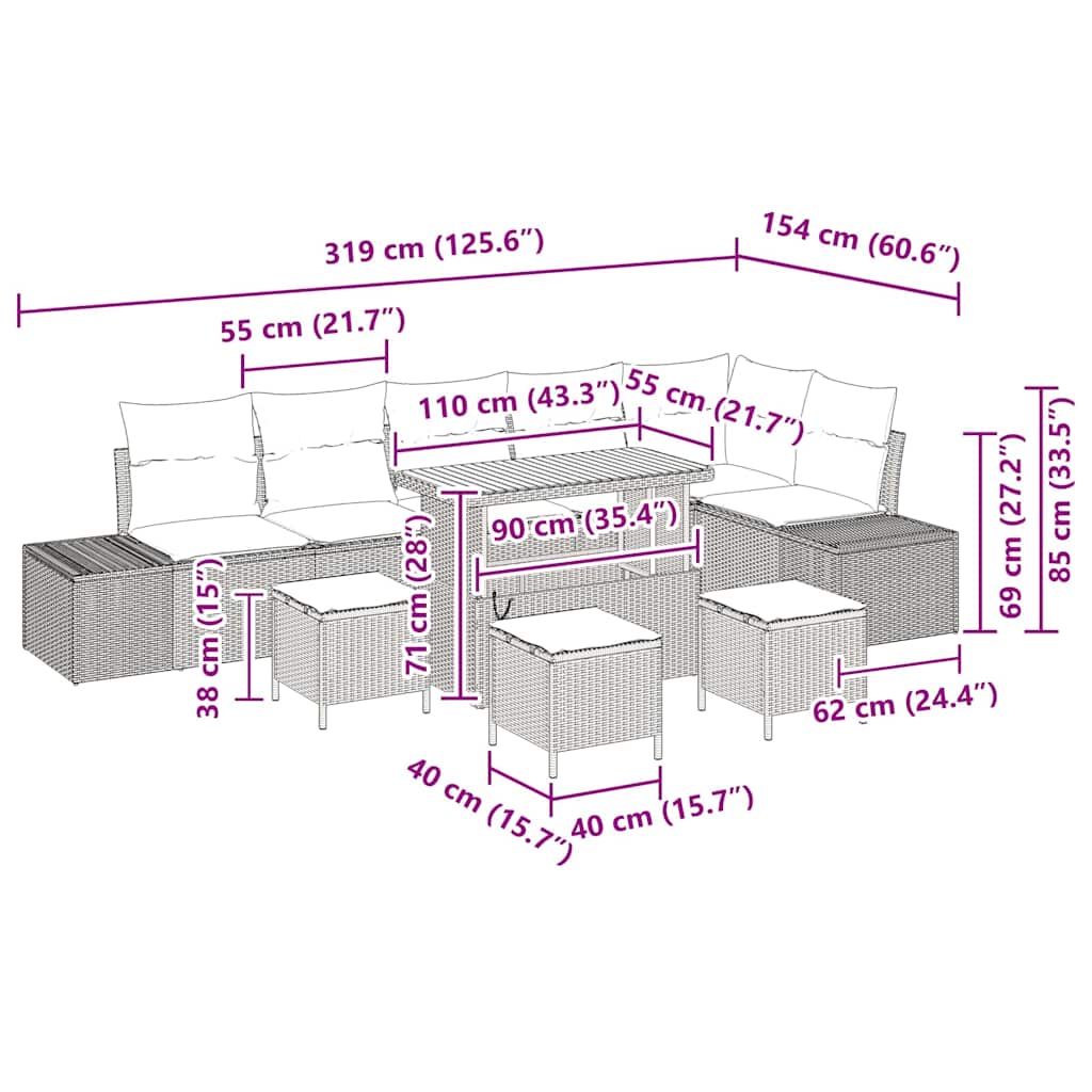 Conjunto de Sofá de Jardim 10 pcs Cinzeto Rattan Sintético