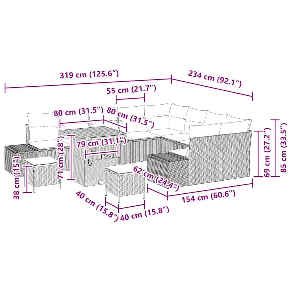 Conjunto de Sofá de Jardim 12 pcs Bege Rattan Sintético