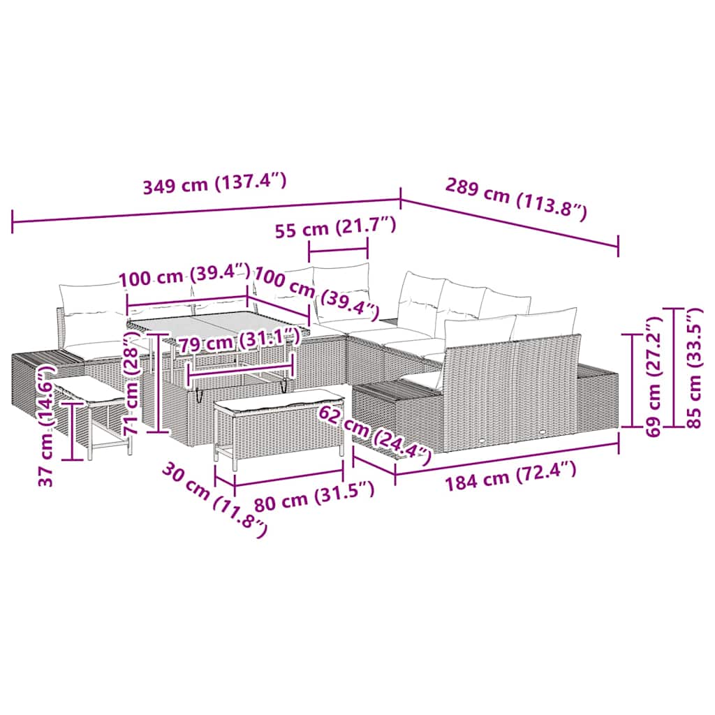 Conjunto de Sofá de Jardim 13 pcs Cinzeto Rattan Sintético