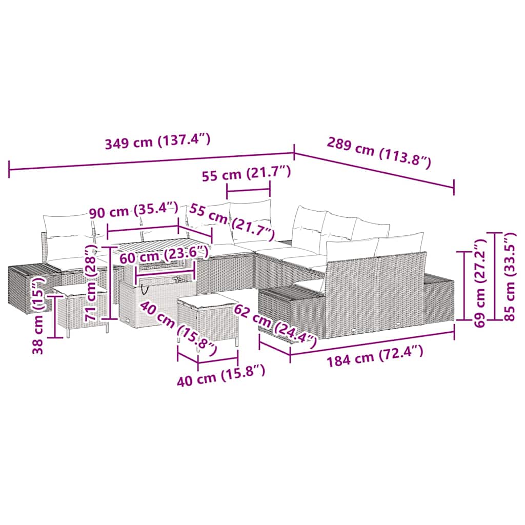 Conjunto de Sofá de Jardim 13 pcs Cinzeto Rattan Sintético