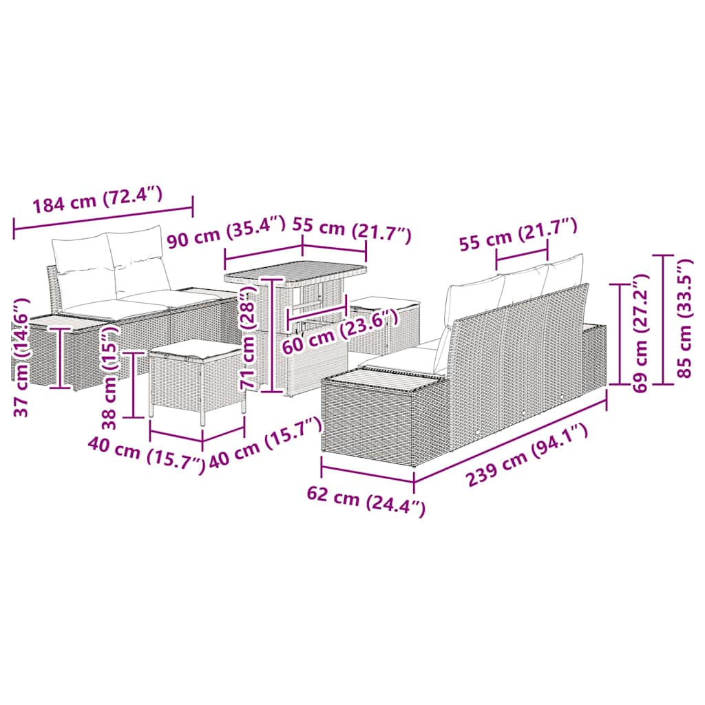 Conjunto de Sofá de Jardim 8 pcs Cinzeto Rattan Sintético