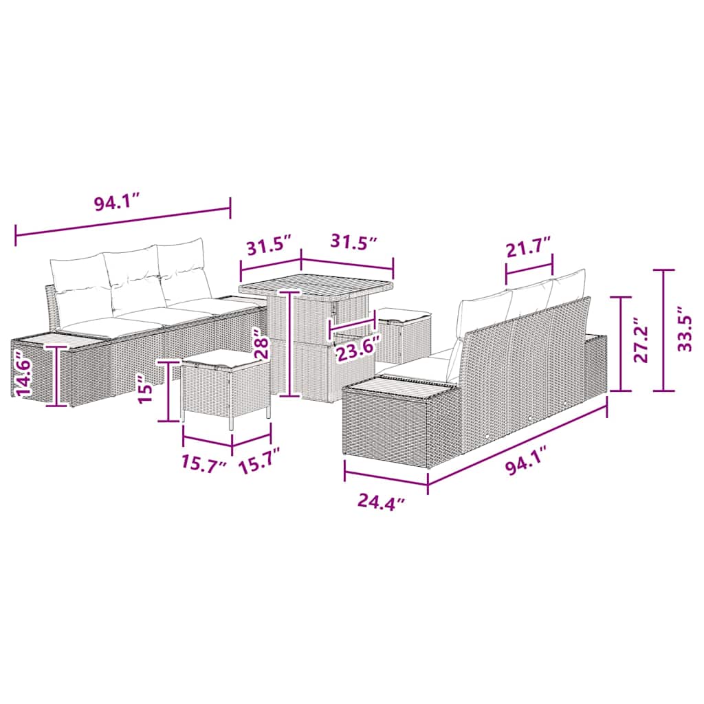 Conjunto de Sofá de Jardim 9 pcs Preto Rattan Sintético