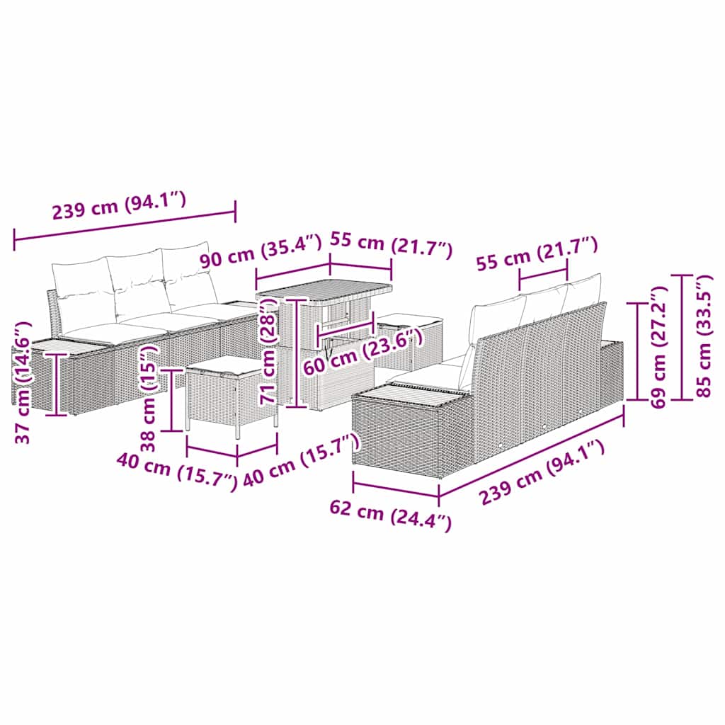 Conjunto de Sofá de Jardim 9 pcs Preto Rattan Sintético